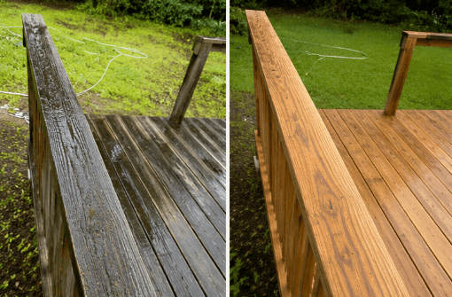 Wood deck railing before and after cleaning, dark and weathered on the left and clean warm wood on the right