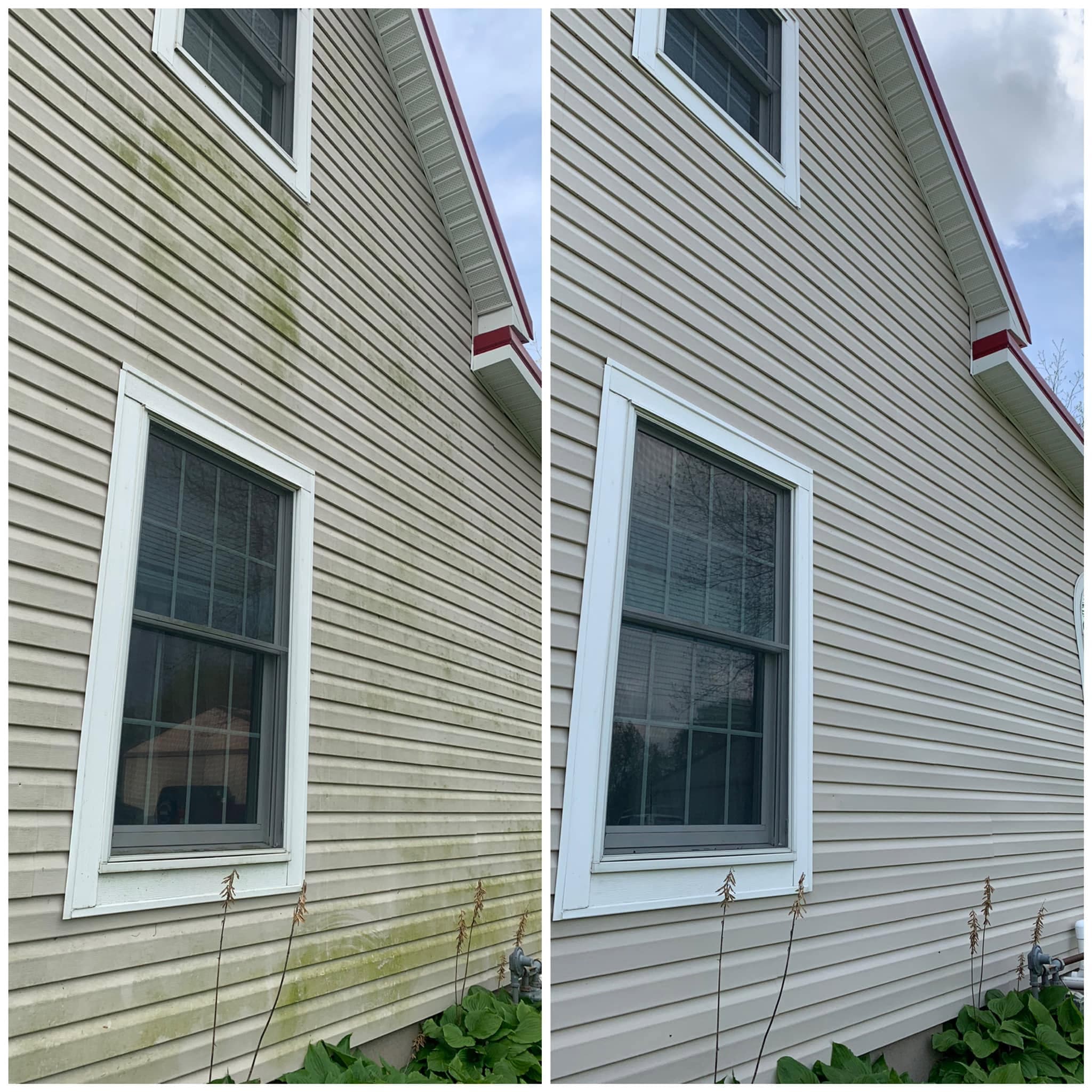 Before and after of tan vinyl siding on a two-story home, with green algae soft washed off the left side to a clean, even finish