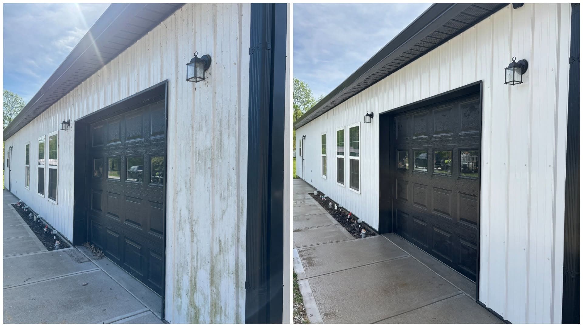 Before and after of a white metal pole barn with a black garage door, with algae removed from the siding and the concrete apron cleaned