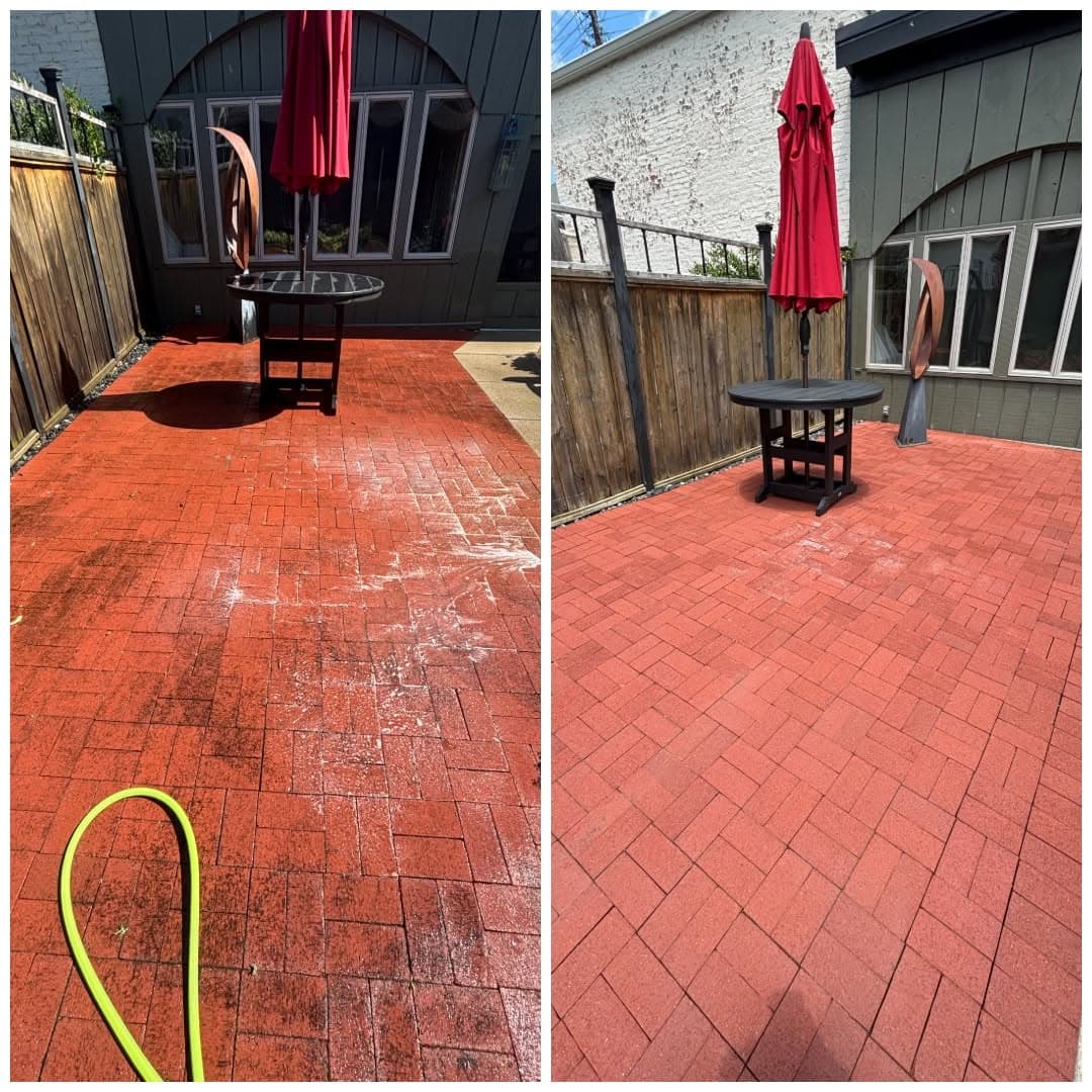Before and after of a red brick paver patio with a bistro table and red umbrella, cleaned of dirt and algae