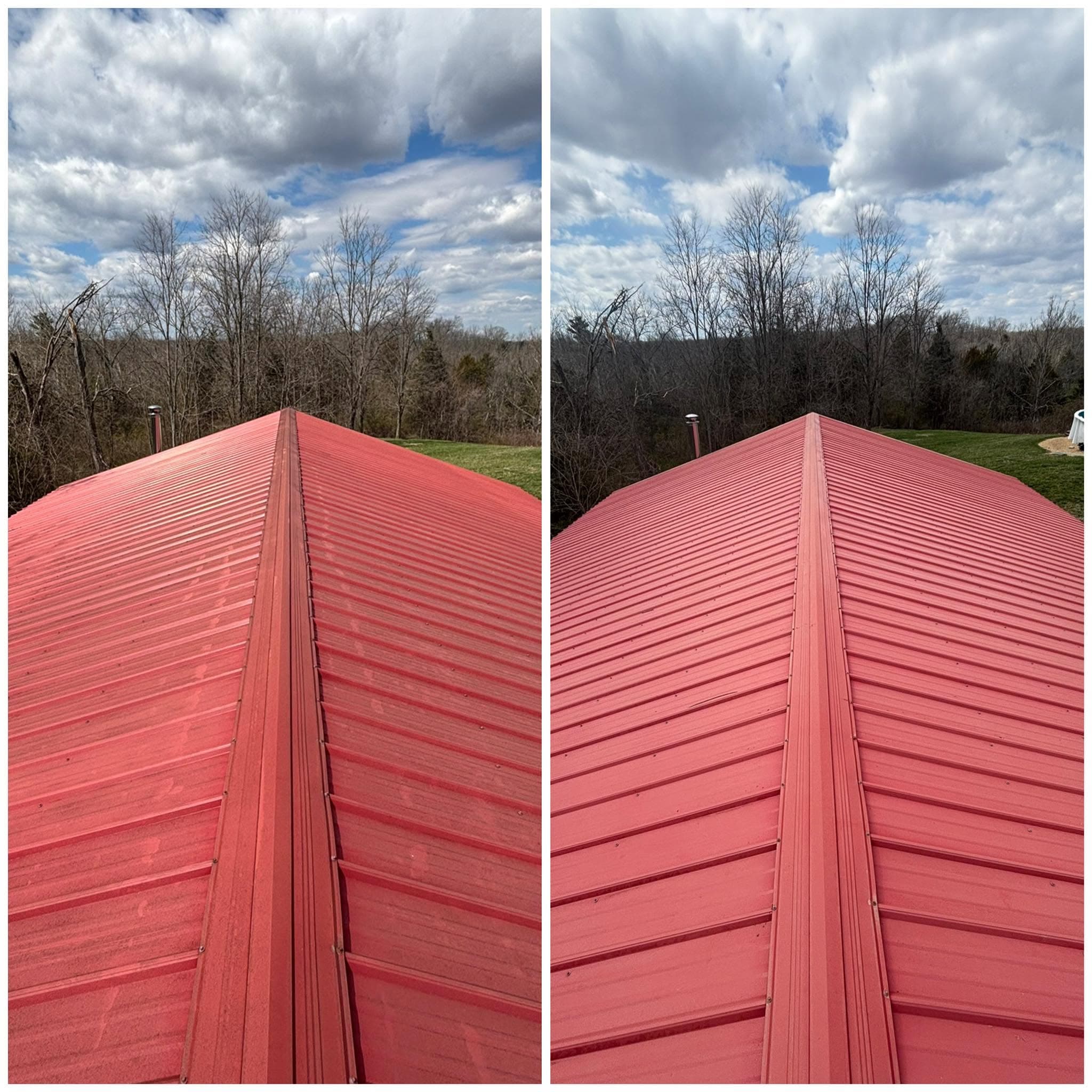 Before and after of a red metal roof, cleaned from dull, oxidized buildup to a bright, uniform red
