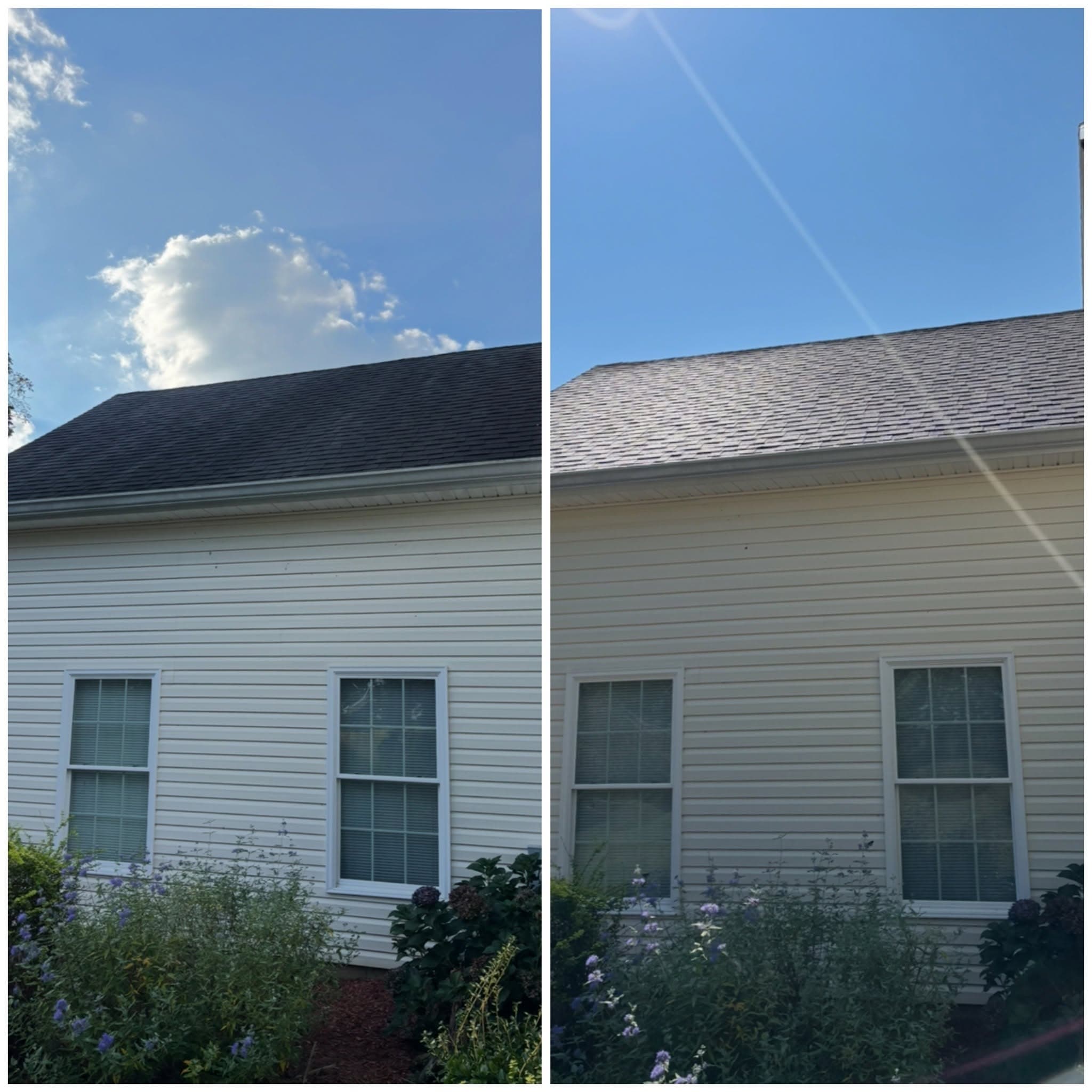 Before and after of a cream home with an asphalt-shingle roof, with black streaks soft washed off the shingles