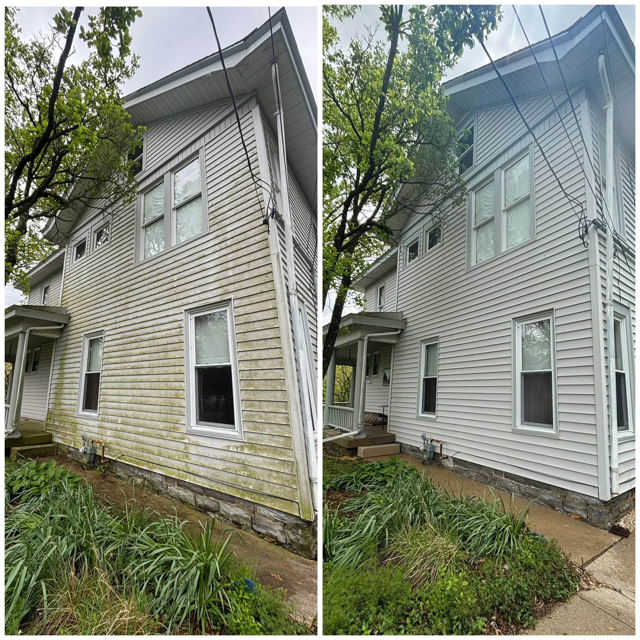 Before and after comparison of a two-story home's siding covered in algae and then cleaned to a bright finish